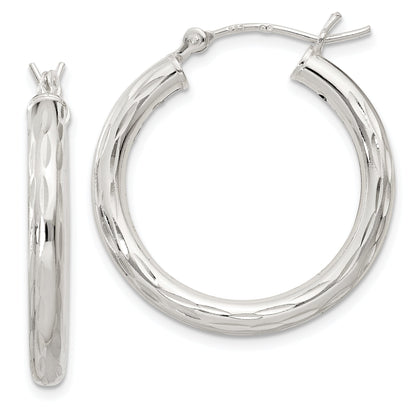 Sterling Silver Diamond-Cut Satin 3X25mm Hoop Earrings