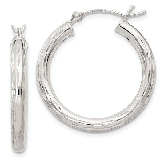 Sterling Silver Diamond-Cut Satin 3X25mm Hoop Earrings