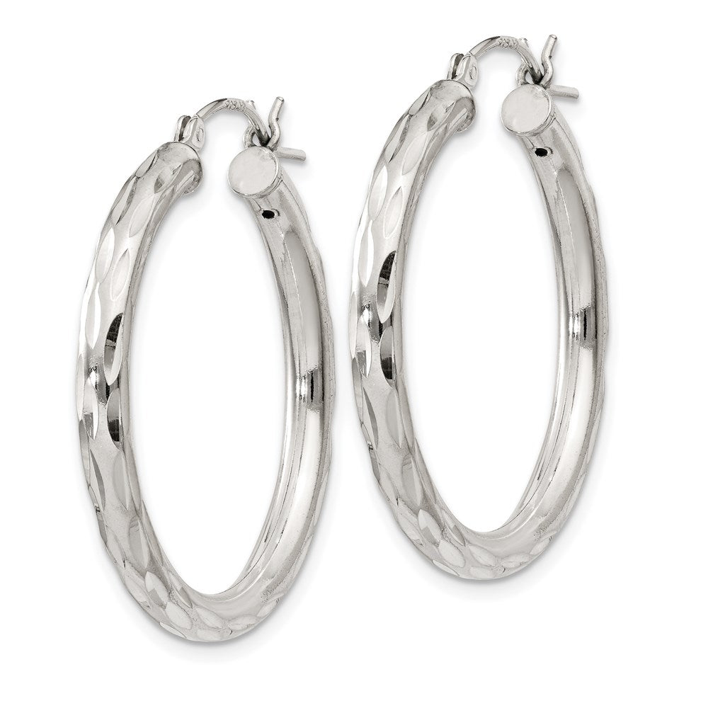 Sterling Silver Diamond-Cut Satin 3X30mm Hoop Earrings