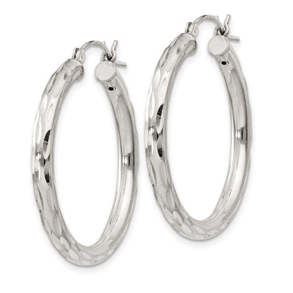 Sterling Silver Diamond-Cut Satin 3X30mm Hoop Earrings