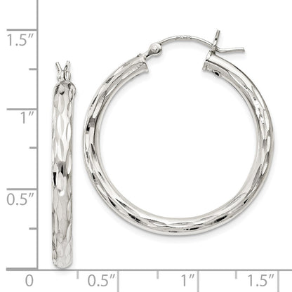 Sterling Silver Diamond-Cut Satin 3X30mm Hoop Earrings