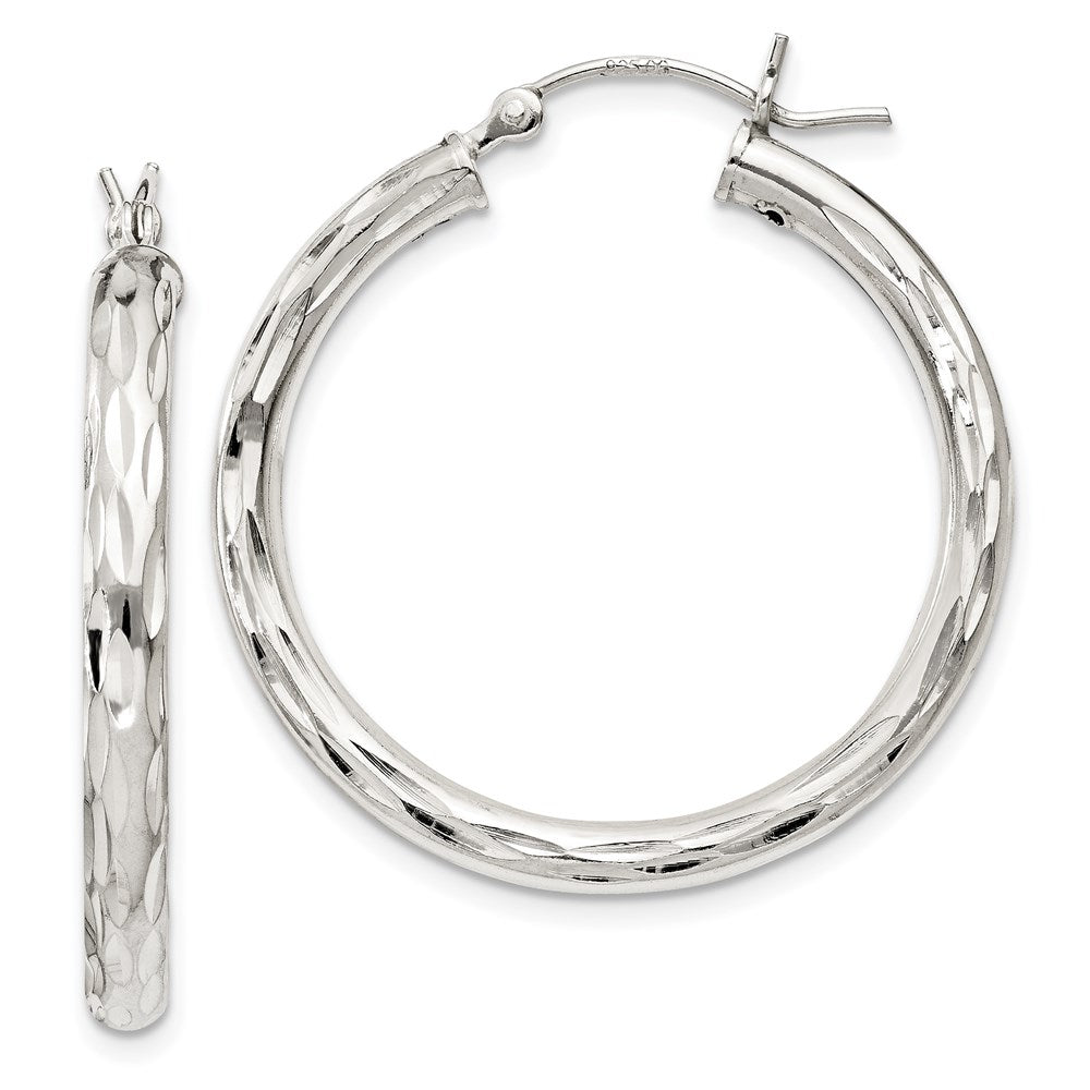 Sterling Silver Diamond-Cut Satin 3X30mm Hoop Earrings