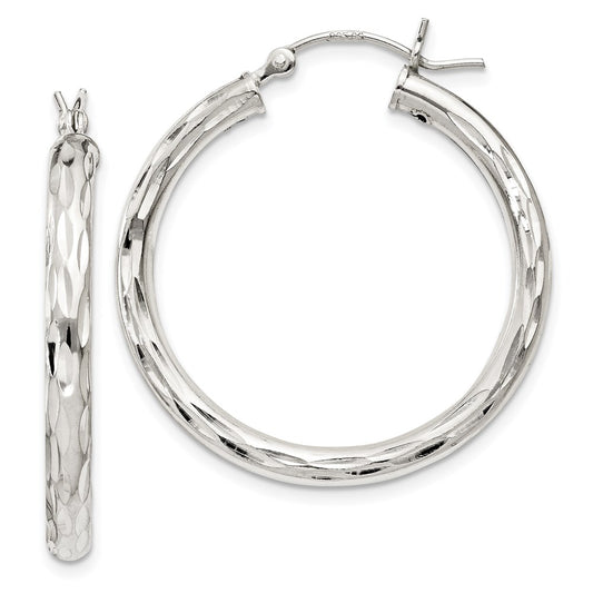 Sterling Silver Diamond-Cut Satin 3X30mm Hoop Earrings