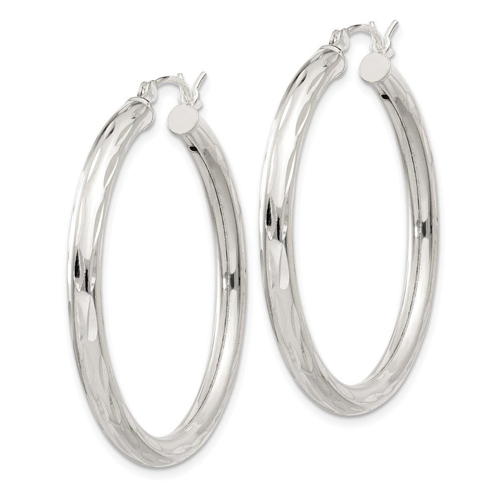 Sterling Silver Diamond-Cut Satin 3X35mm Hoop Earrings