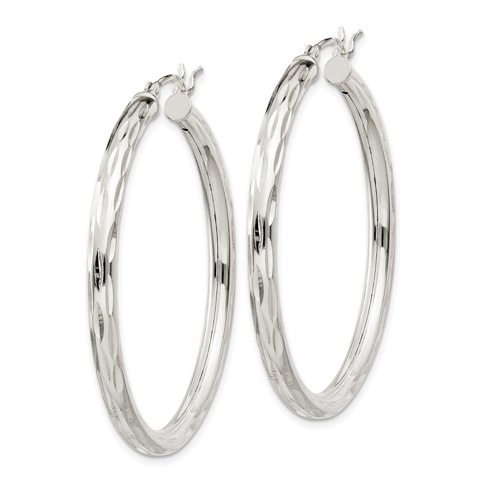Sterling Silver Diamond-Cut Satin 3X40mm Hoop Earrings