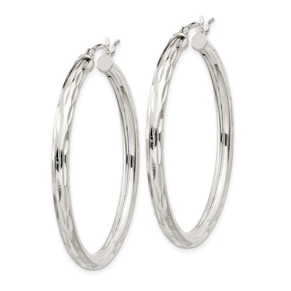 Sterling Silver Diamond-Cut Satin 3X40mm Hoop Earrings