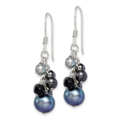 Sterling Silver Polished Black & Grey Freshwater Cultured Pearls And Onyx Dangle Earrings