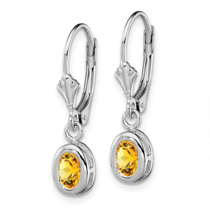 Sterling Silver Rhodium Plated 6X4mm Oval Citrine Leverback Earrings