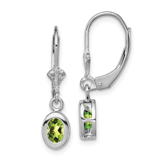 Sterling Silver Rhodium Plated 6X4mm Oval Peridot Leverback Earrings