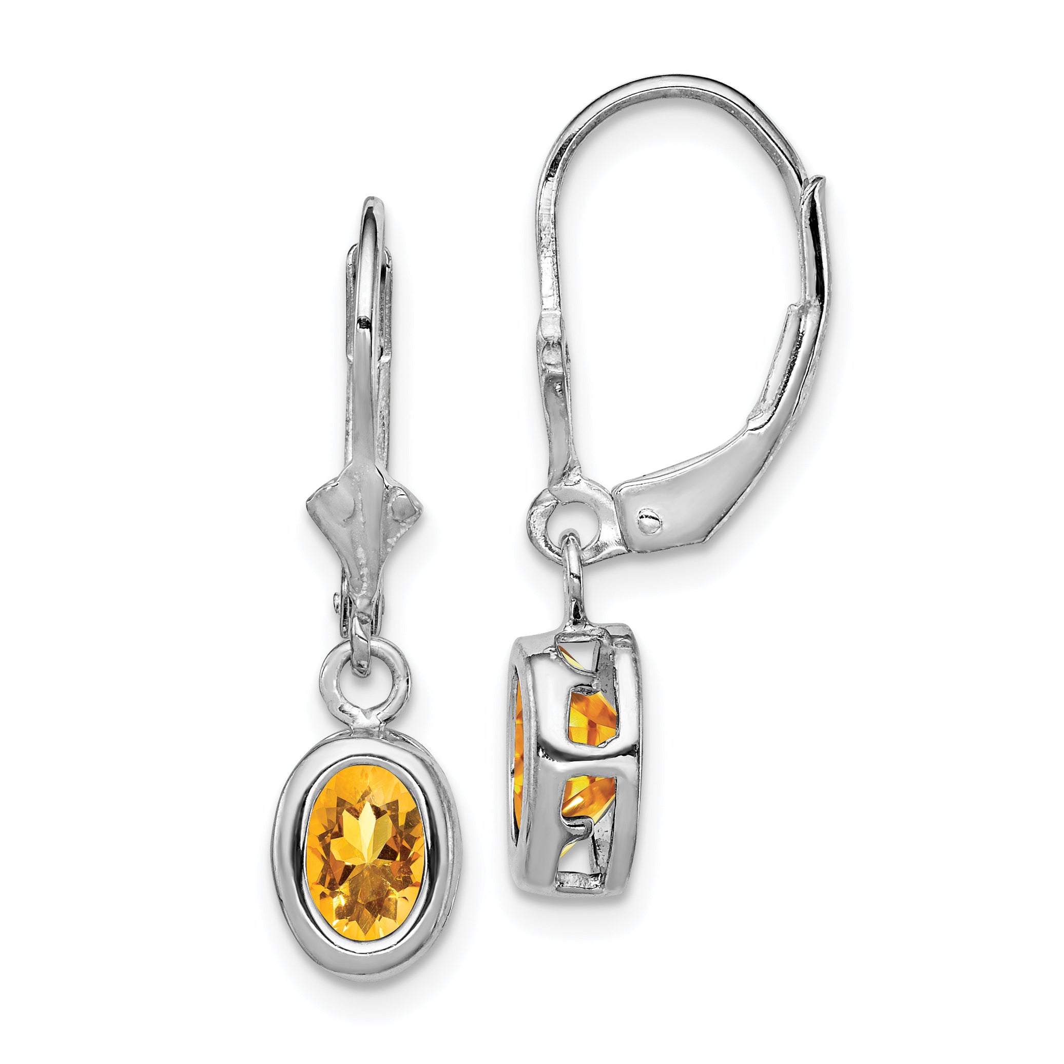 Sterling Silver Rhodium Plated 7X5mm Oval Citrine Leverback Earrings