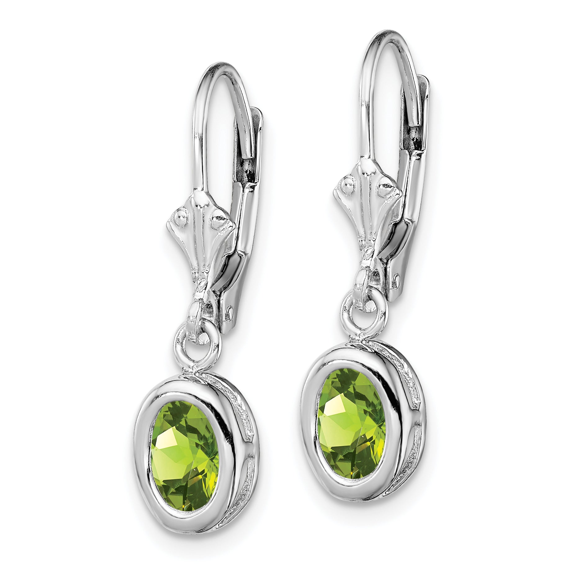 Sterling Silver Rhodium Plated 7X5mm Oval Peridot Leverback Earrings