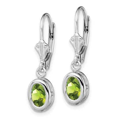 Sterling Silver Rhodium Plated 7X5mm Oval Peridot Leverback Earrings