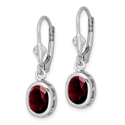 Sterling Silver Rhodium Plated 8X6mm Oval Garnet Leverback Earrings