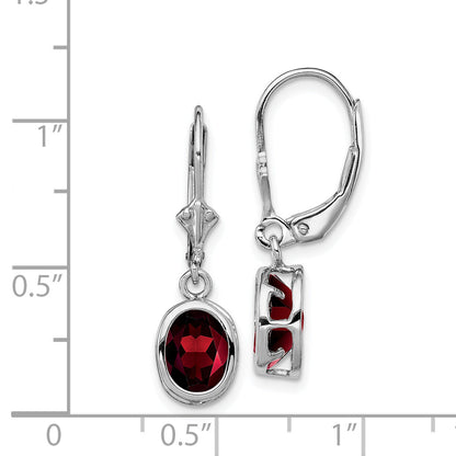 Sterling Silver Rhodium Plated 8X6mm Oval Garnet Leverback Earrings