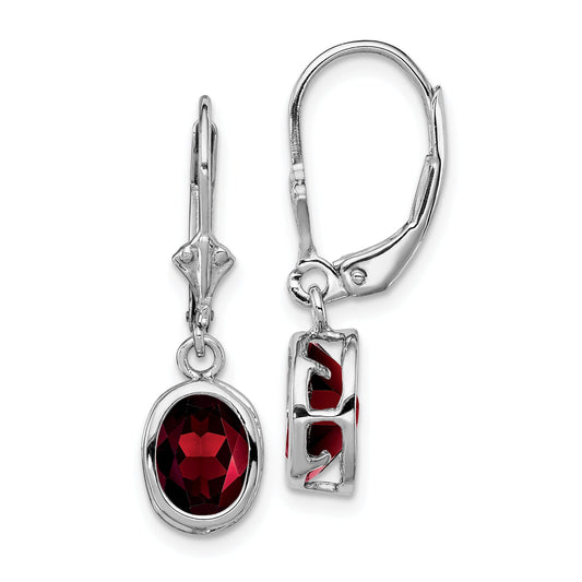 Sterling Silver Rhodium Plated 8X6mm Oval Garnet Leverback Earrings