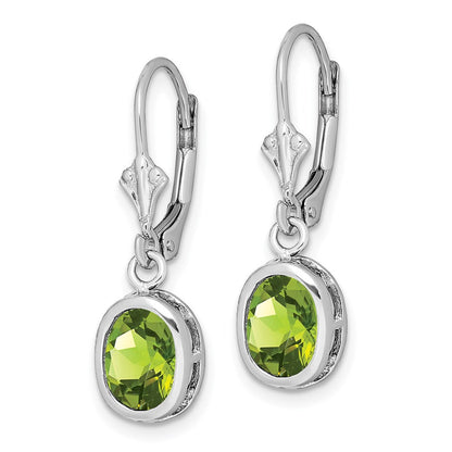 Sterling Silver Rhodium Plated 8X6mm Oval Peridot Leverback Earrings