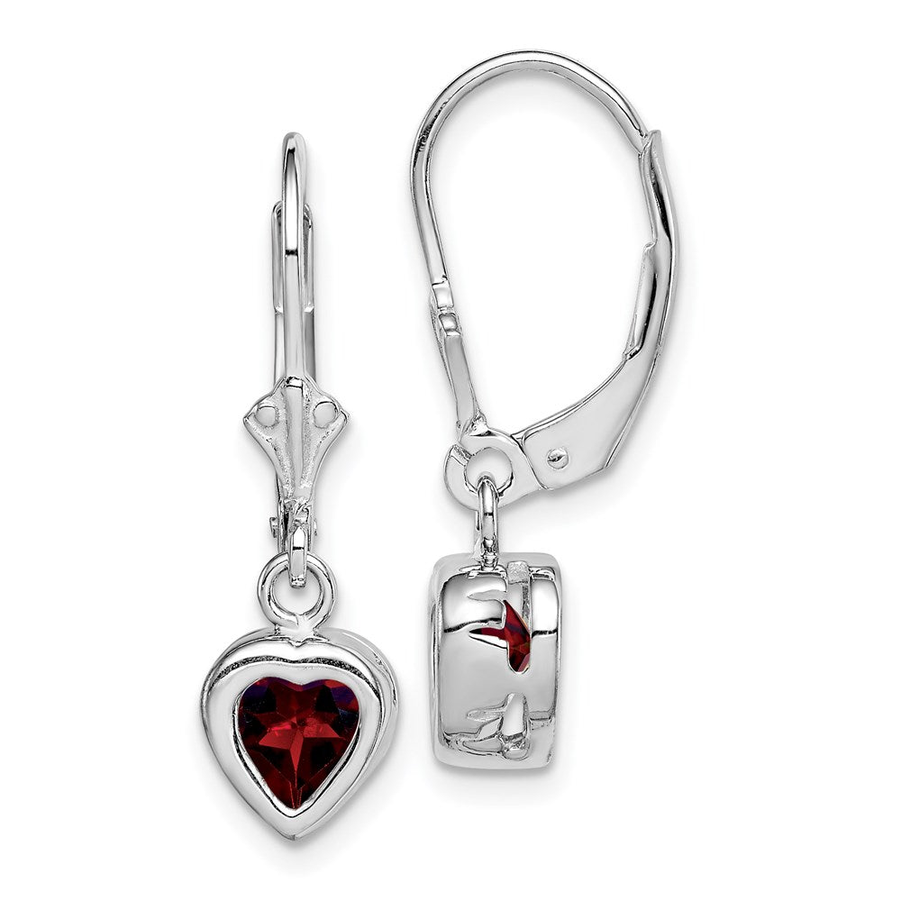 Sterling Silver Rhodium Plated 6mm Heart Garnet Leverback Earrings