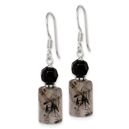Sterling Silver Polished & Antiqued Black Crystal Tourmalinated Quartz Dangle Earrings