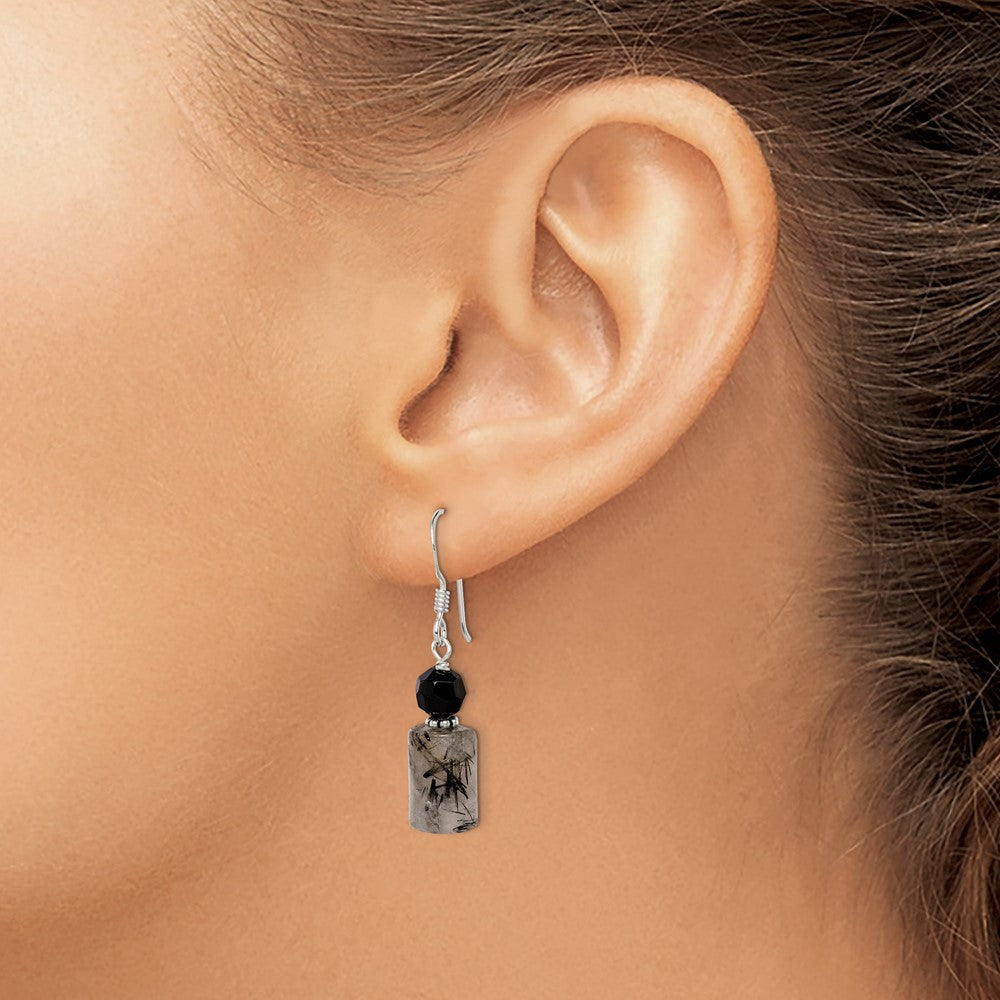 Sterling Silver Polished & Antiqued Black Crystal Tourmalinated Quartz Dangle Earrings