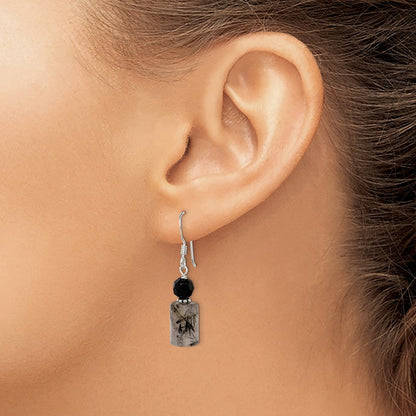 Sterling Silver Polished & Antiqued Black Crystal Tourmalinated Quartz Dangle Earrings