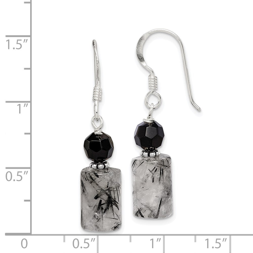 Sterling Silver Polished & Antiqued Black Crystal Tourmalinated Quartz Dangle Earrings