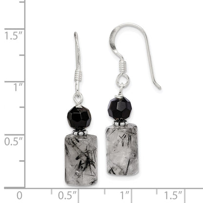 Sterling Silver Polished & Antiqued Black Crystal Tourmalinated Quartz Dangle Earrings