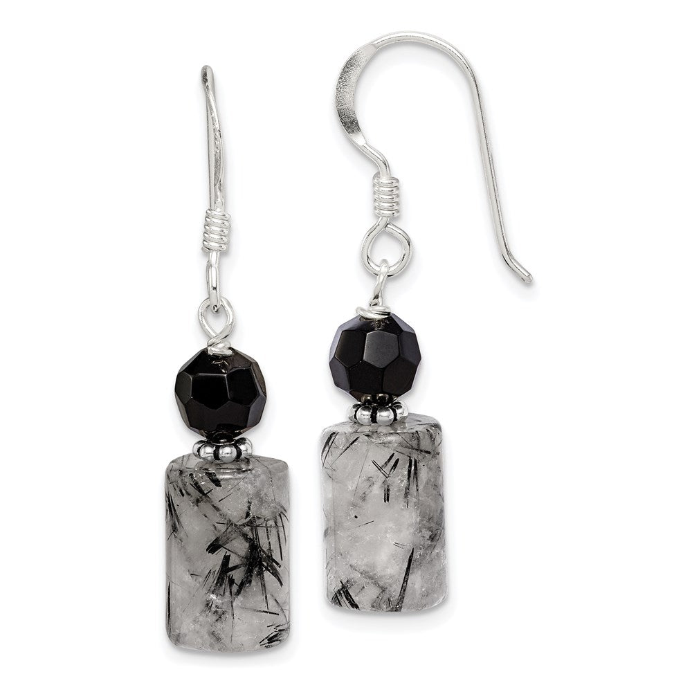 Sterling Silver Polished & Antiqued Black Crystal Tourmalinated Quartz Dangle Earrings