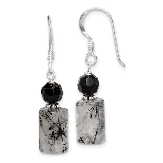 Sterling Silver Polished & Antiqued Black Crystal Tourmalinated Quartz Dangle Earrings