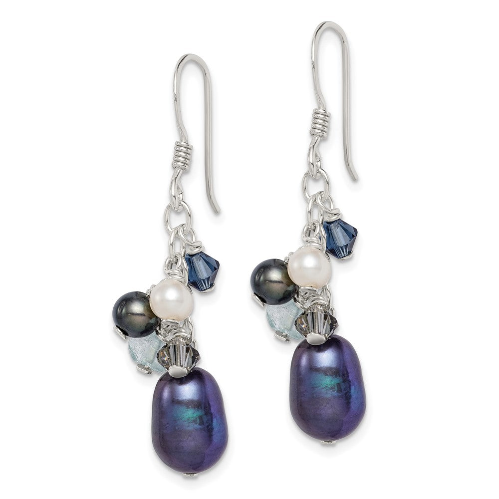 Sterling Silver Polished Blue & Black Crystal, And White Freshwater Cultured Pearl Dangle Earrings
