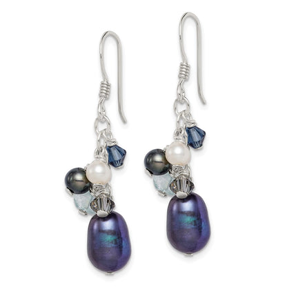 Sterling Silver Polished Blue & Black Crystal, And White Freshwater Cultured Pearl Dangle Earrings