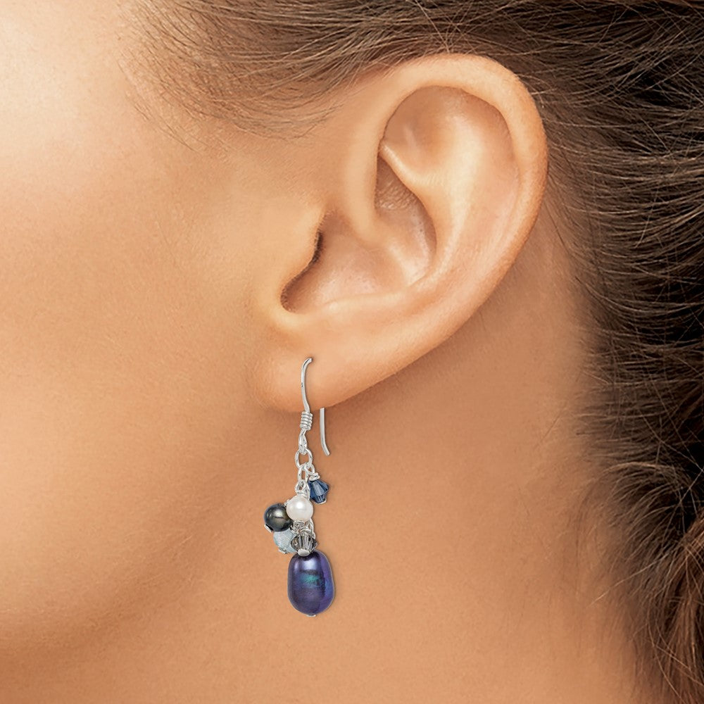 Sterling Silver Polished Blue & Black Crystal, And White Freshwater Cultured Pearl Dangle Earrings