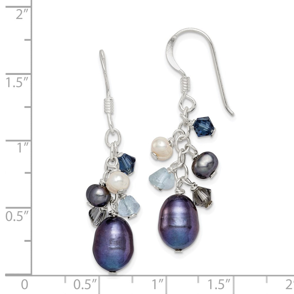 Sterling Silver Polished Blue & Black Crystal, And White Freshwater Cultured Pearl Dangle Earrings