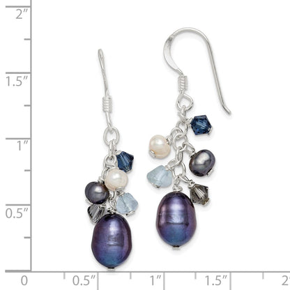 Sterling Silver Polished Blue & Black Crystal, And White Freshwater Cultured Pearl Dangle Earrings
