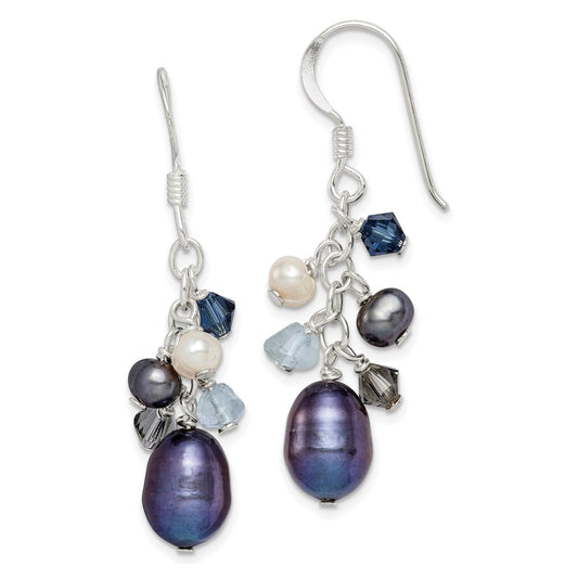 Sterling Silver Polished Blue & Black Crystal, And White Freshwater Cultured Pearl Dangle Earrings