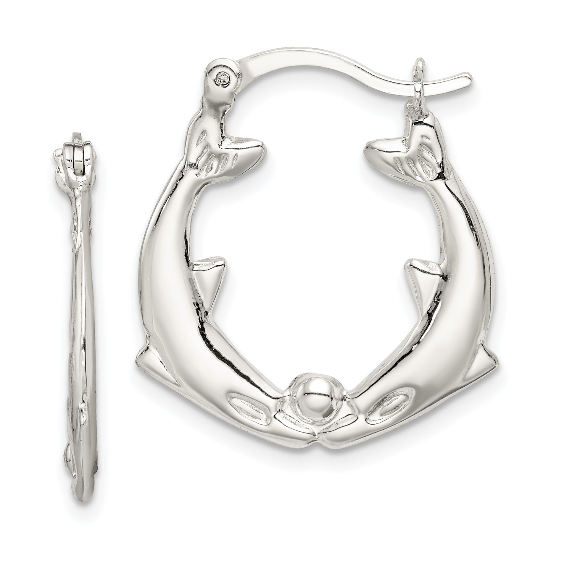 Sterling Silver Rhodium-Plated Polished Dolphins Round Hoop Earrings