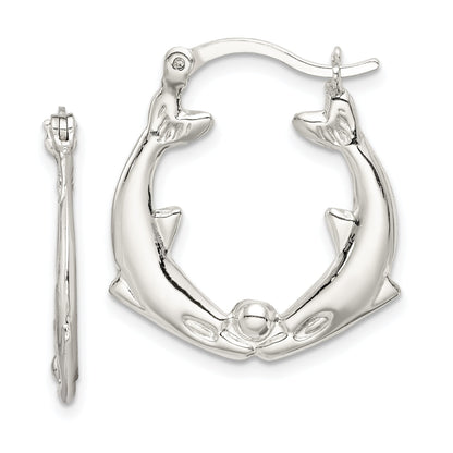 Sterling Silver Rhodium-Plated Polished Dolphins Round Hoop Earrings