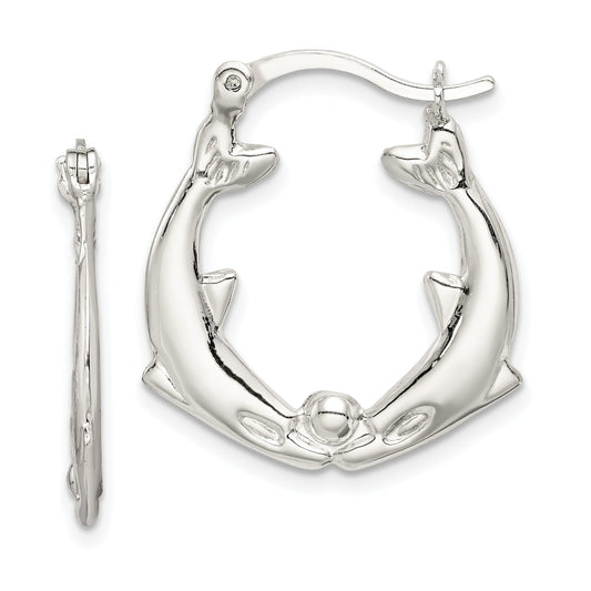 Sterling Silver Rhodium-Plated Polished Dolphins Round Hoop Earrings