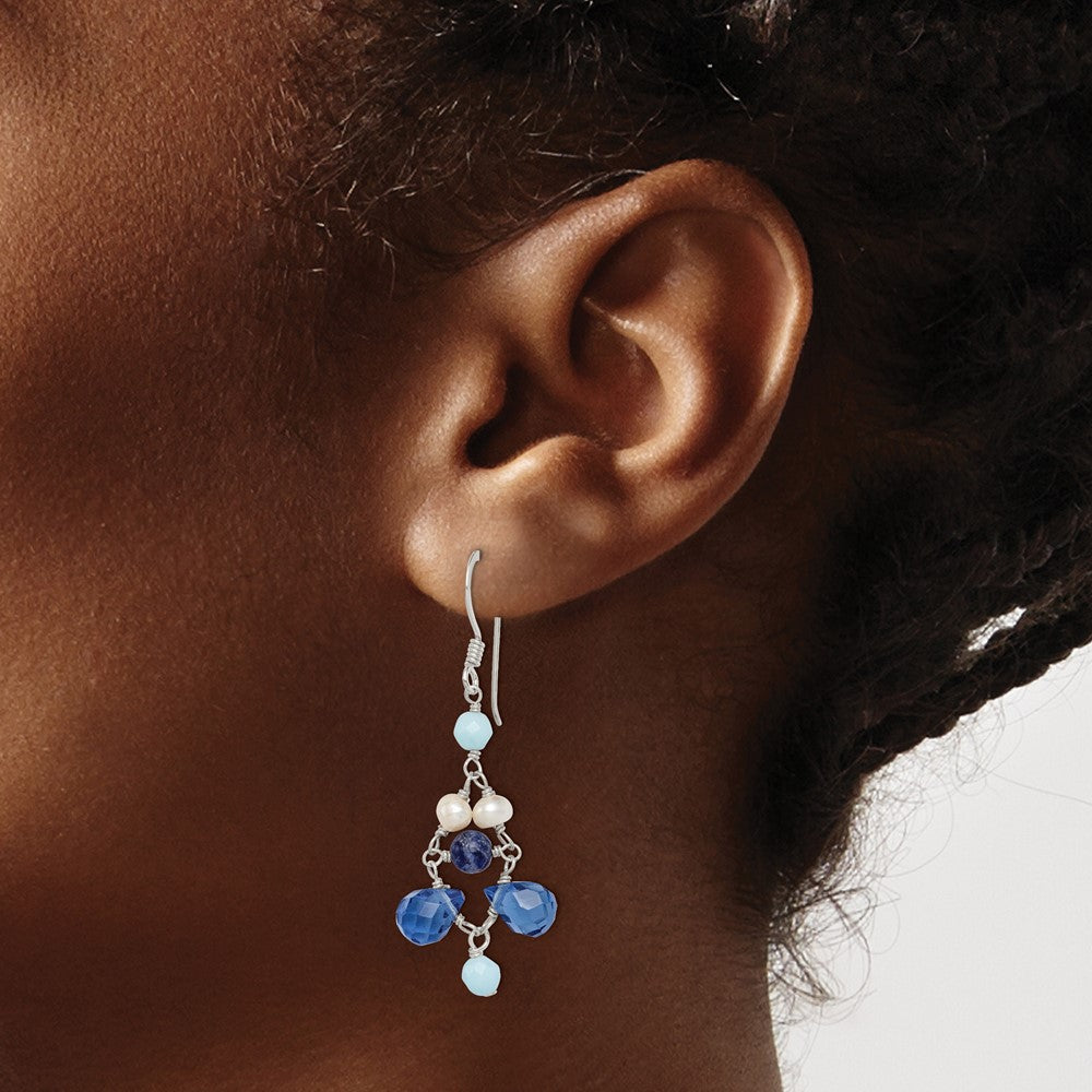 Sterling Silver Polished Amazonite/ Crystal / Lapis Fwc Pearl Dangle Earr