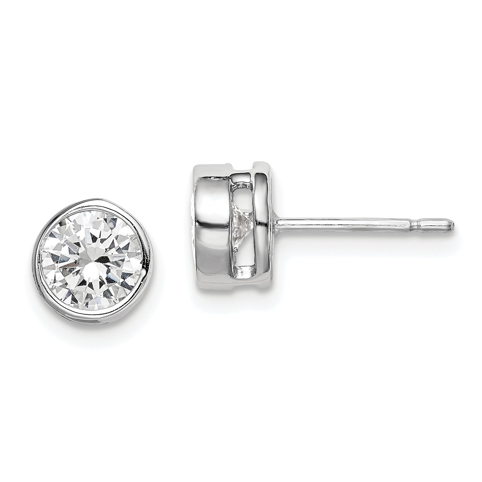 Sterling Silver Rh-Plated Polished 6mm Round Cz Bezel Set Stud Earrings