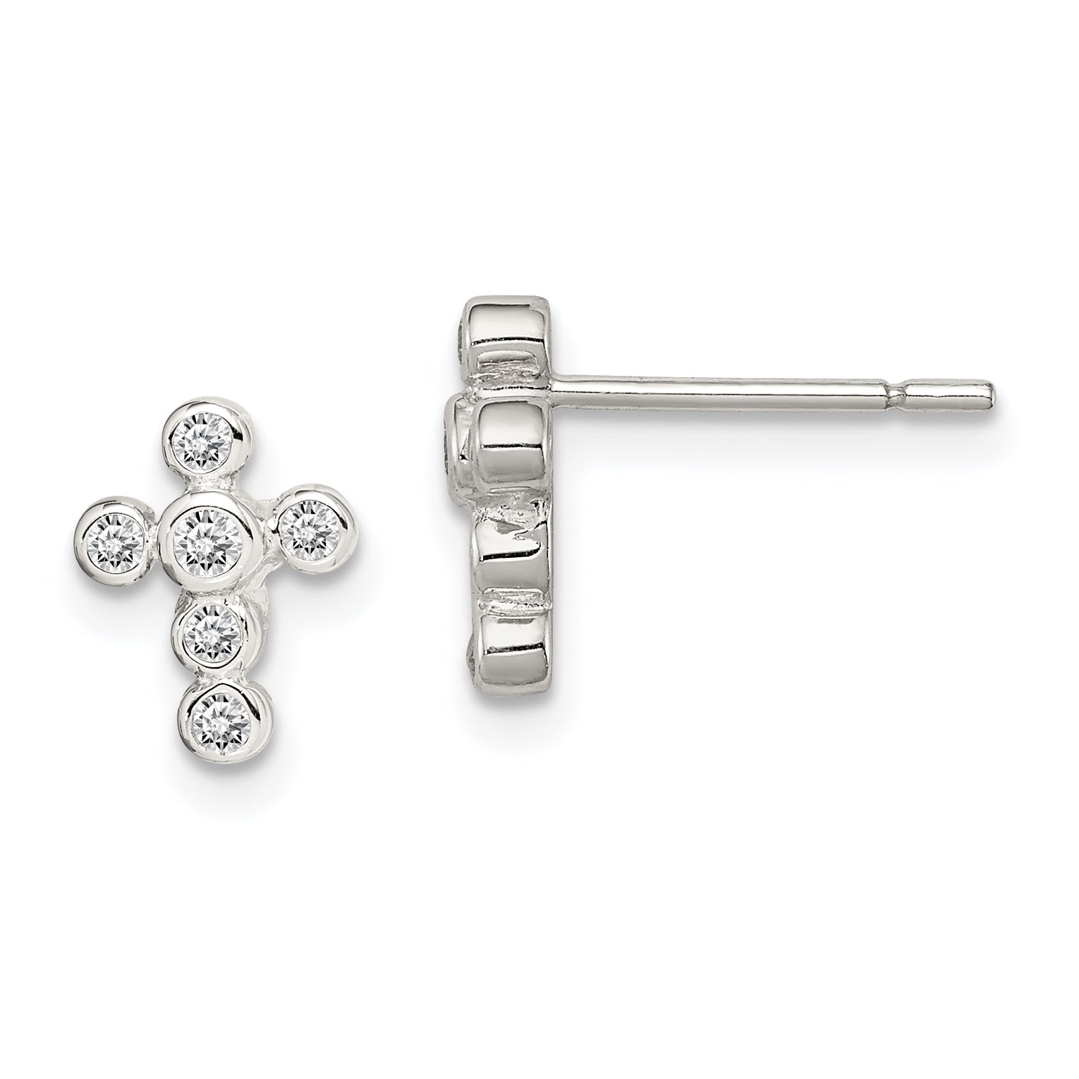 Sterling Silver Rhodium-Plated Polished Bezel Cz Cross Post Earrings
