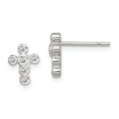 Sterling Silver Rhodium-Plated Polished Bezel Cz Cross Post Earrings