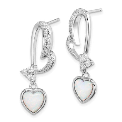 Sterling Silver Rhodium Plated Created Opal And Cz Heart Earrings