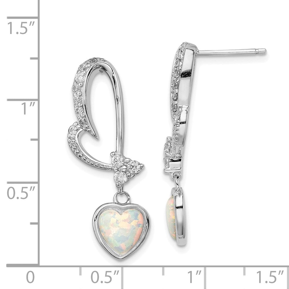 Sterling Silver Rhodium Plated Created Opal And Cz Heart Earrings