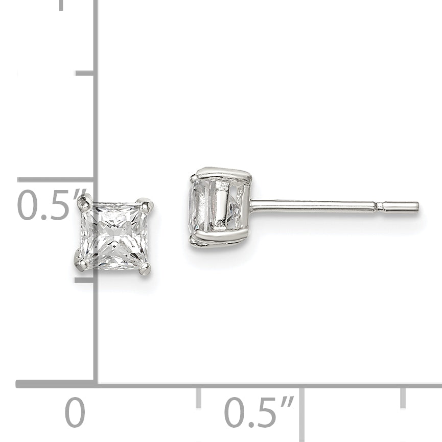 Sterling Silver 4mm Princess Basket Set Cz Stud Earrings