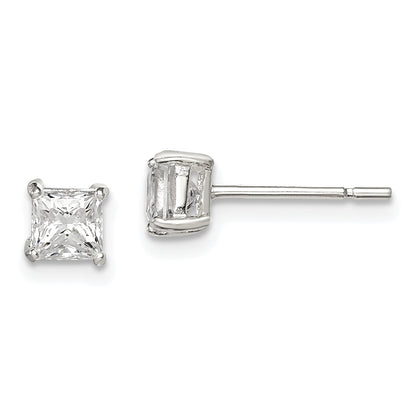 Sterling Silver 4mm Princess Basket Set Cz Stud Earrings