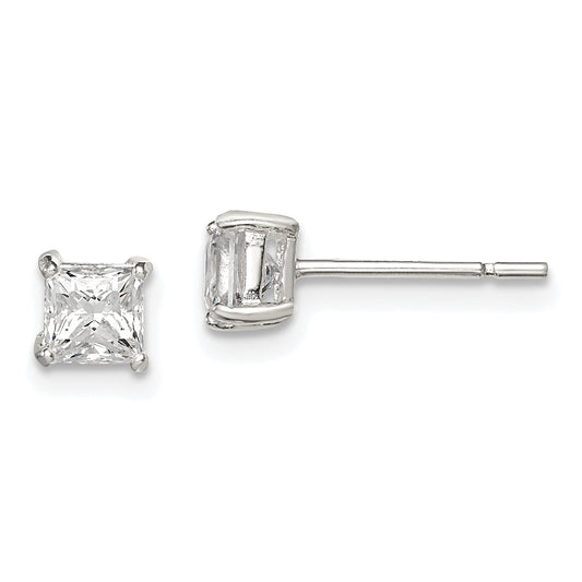 Sterling Silver 4mm Princess Basket Set Cz Stud Earrings