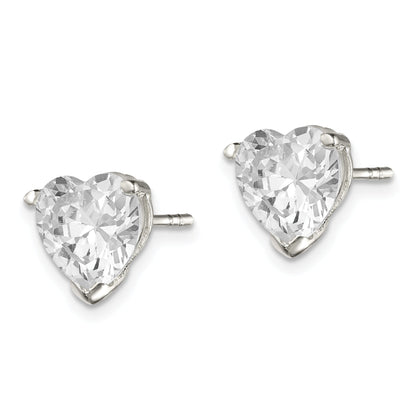 Sterling Silver Polished 8mm Heart 3 Prong Basket Set Cz Stud Earrings