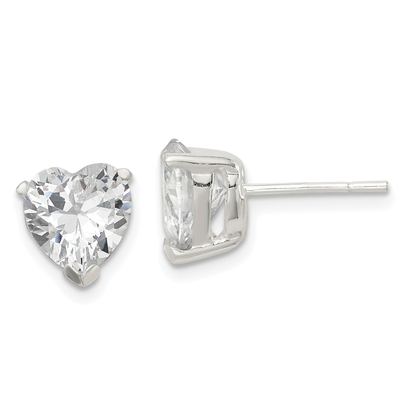 Sterling Silver Polished 8mm Heart 3 Prong Basket Set Cz Stud Earrings