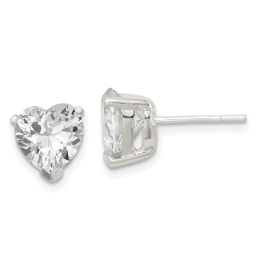 Sterling Silver Polished 8mm Heart 3 Prong Basket Set Cz Stud Earrings