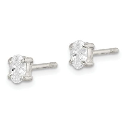 Sterling Silver 3X5mm Oval Basket Set Cz Stud Earrings